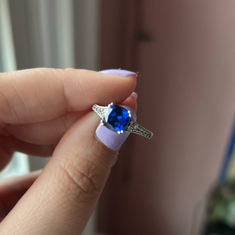 Blue simulated sapphire silver ring size 7